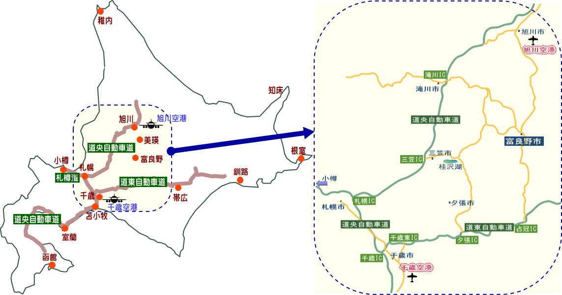 空港から富良野までの地図